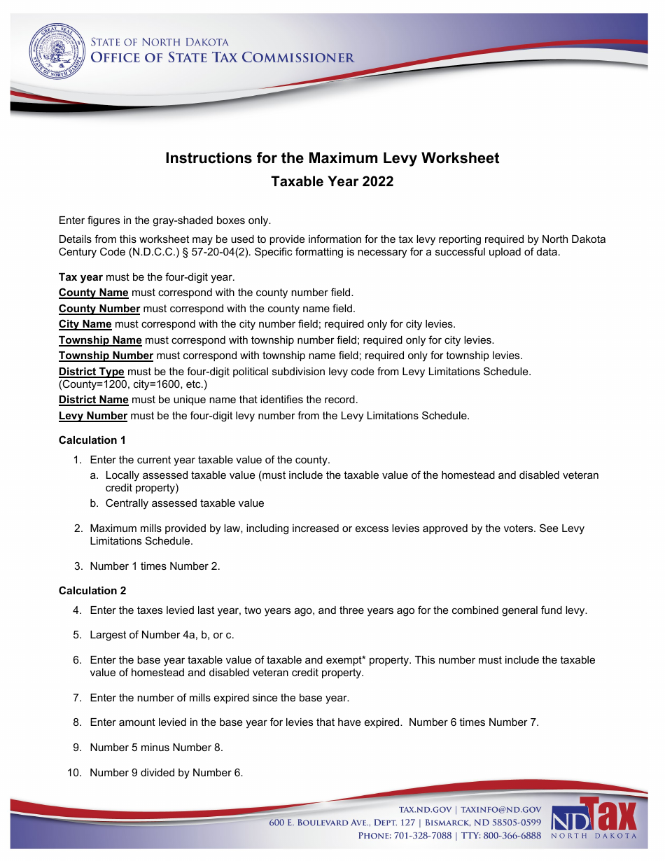 Instructions for Maximum Levy Worksheet - North Dakota, Page 1