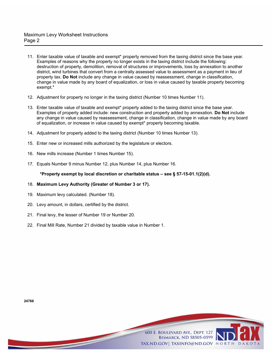 Instructions for Maximum Levy Worksheet - North Dakota, Page 2