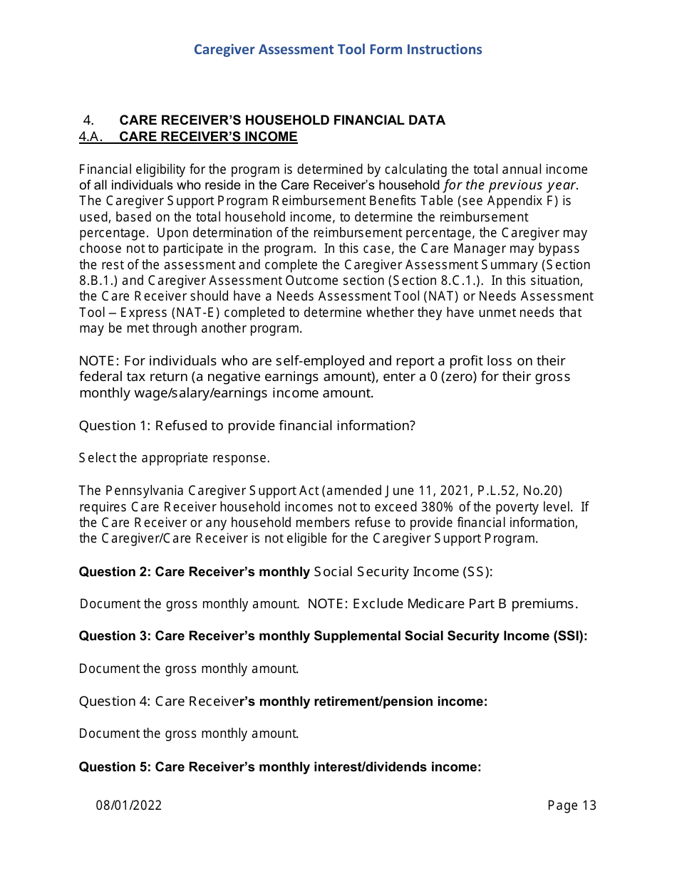 Instructions for Caregiver Assessment Tool (CAT) Form - Pennsylvania, Page 13