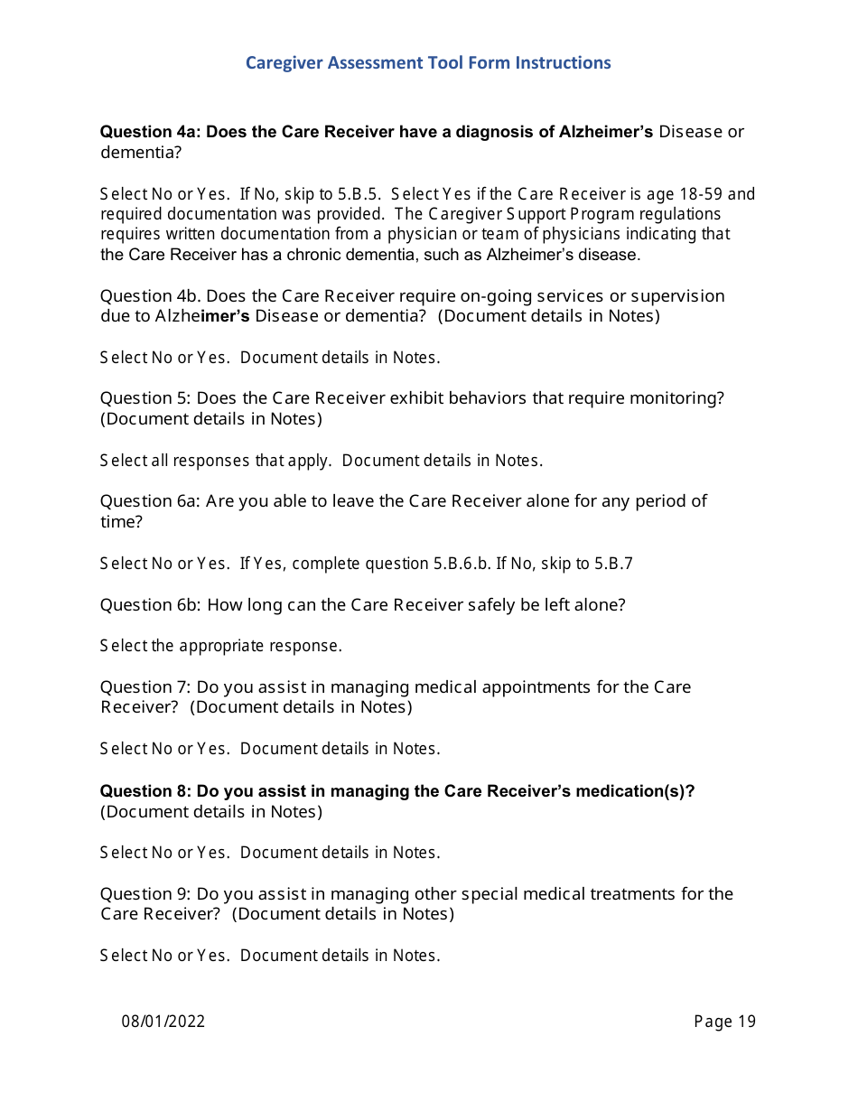 Instructions for Caregiver Assessment Tool (CAT) Form - Pennsylvania, Page 19