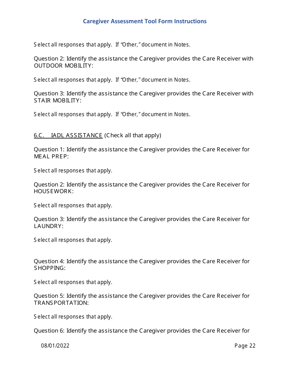 Instructions for Caregiver Assessment Tool (CAT) Form - Pennsylvania, Page 22