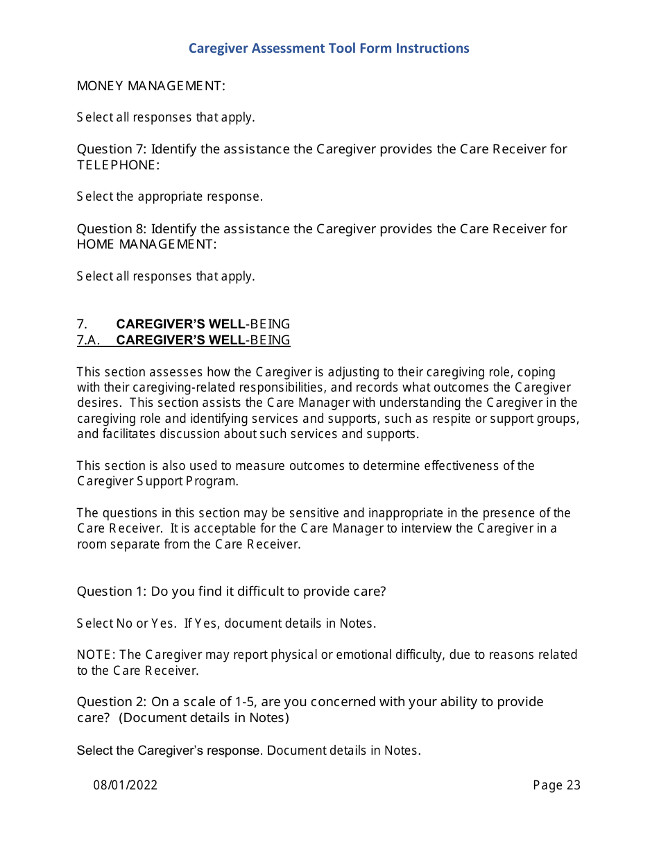 Instructions for Caregiver Assessment Tool (CAT) Form - Pennsylvania, Page 23