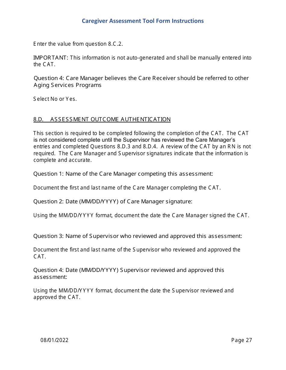Instructions for Caregiver Assessment Tool (CAT) Form - Pennsylvania, Page 27