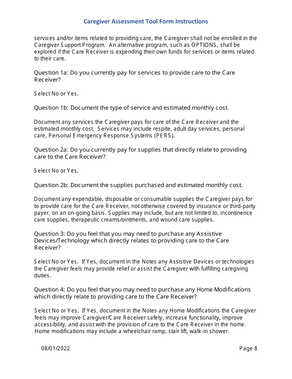 Instructions for Caregiver Assessment Tool (CAT) Form - Pennsylvania, Page 8