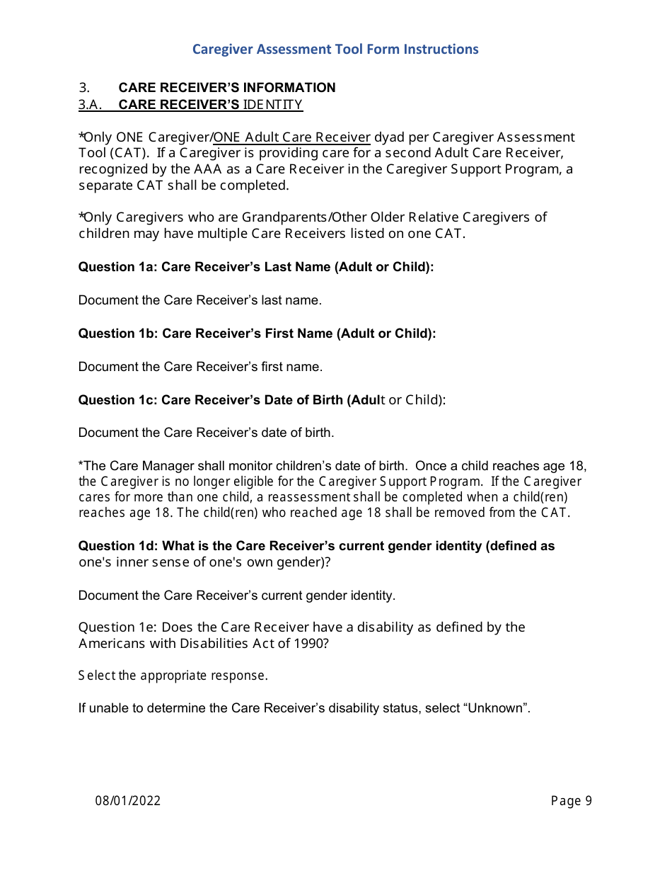 Instructions for Caregiver Assessment Tool (CAT) Form - Pennsylvania, Page 9