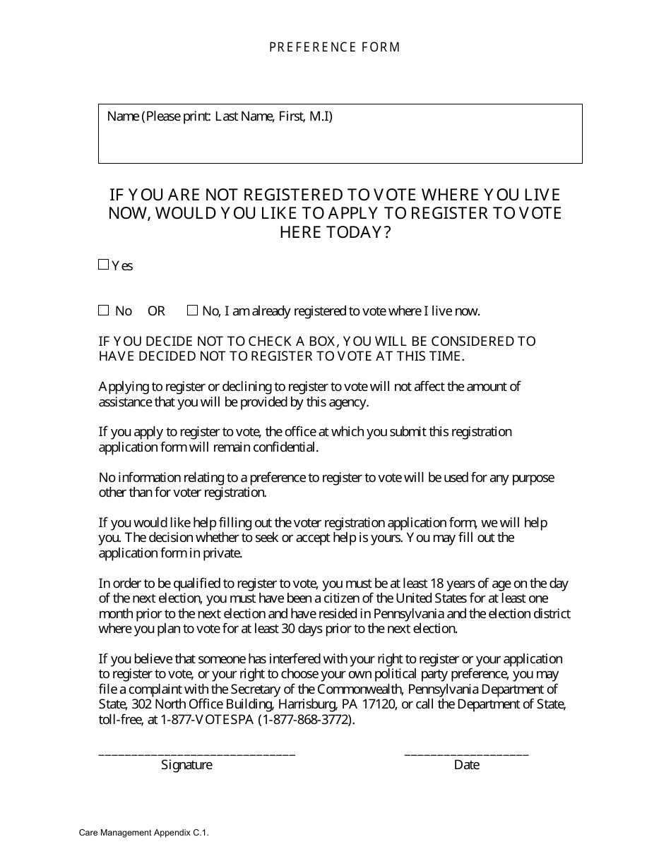 Appendix C.1 Preference Form - Pennsylvania, Page 1