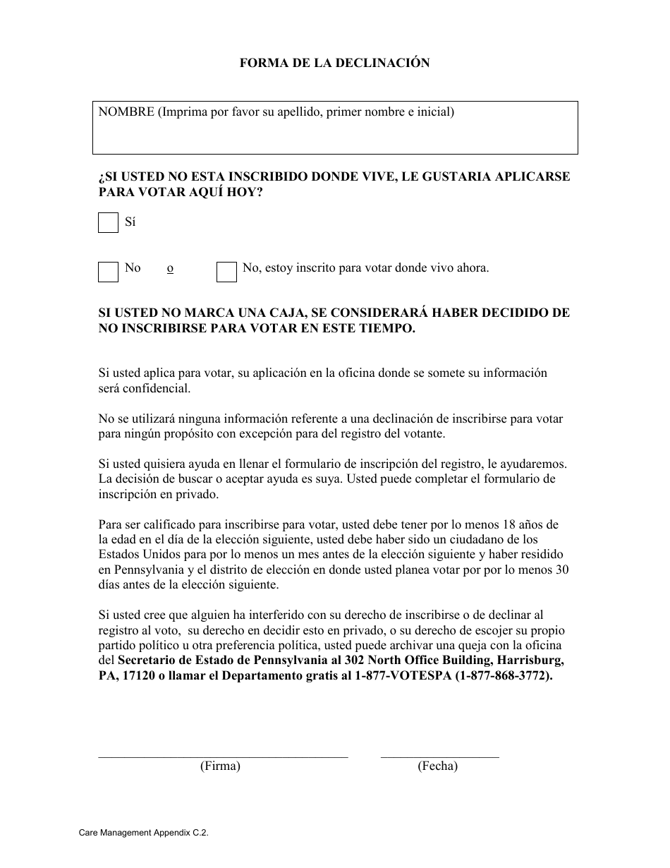 Pennsylvania Forma De La Declinacion (Spanish) Fill Out, Sign Online