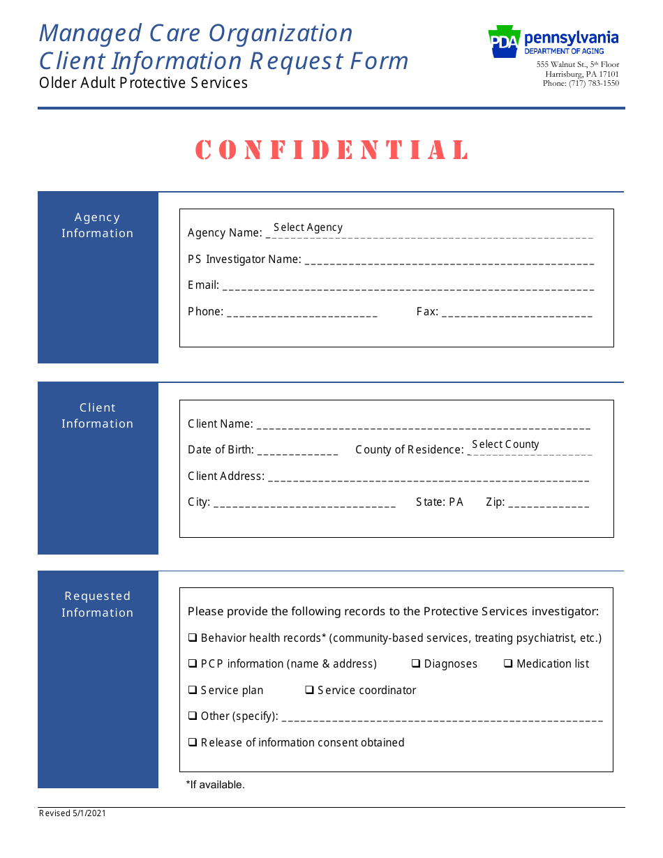 Managed Care Organization Client Information Request Form - Pennsylvania, Page 1