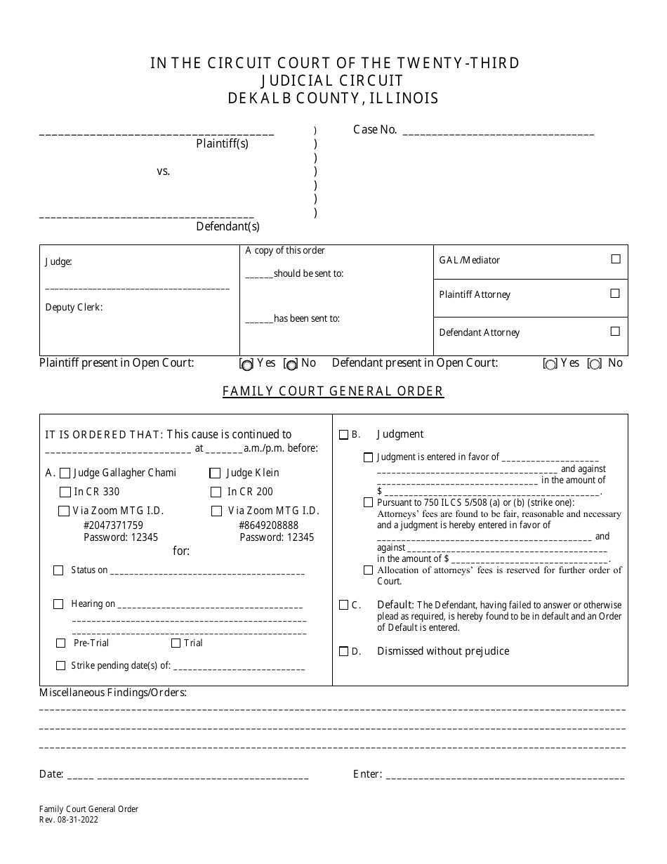 DeKalb County, Illinois Family Court General Order Fill Out, Sign