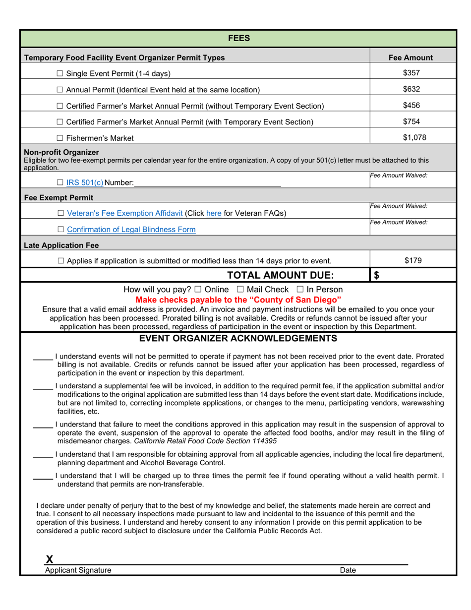 Form DEH:FH-632 Temporary Event Organizer Permit Application - County of San Diego, California, Page 5