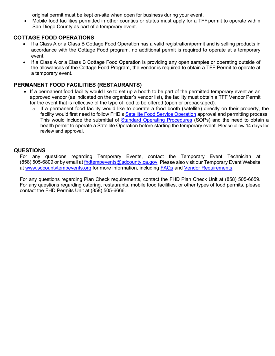 Form DEH:FH-632 Temporary Food Facility Vendor Permit Application - County of San Diego, California, Page 2