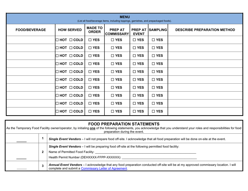 Form DEH:FH-632 Temporary Food Facility Vendor Permit Application - County of San Diego, California, Page 4