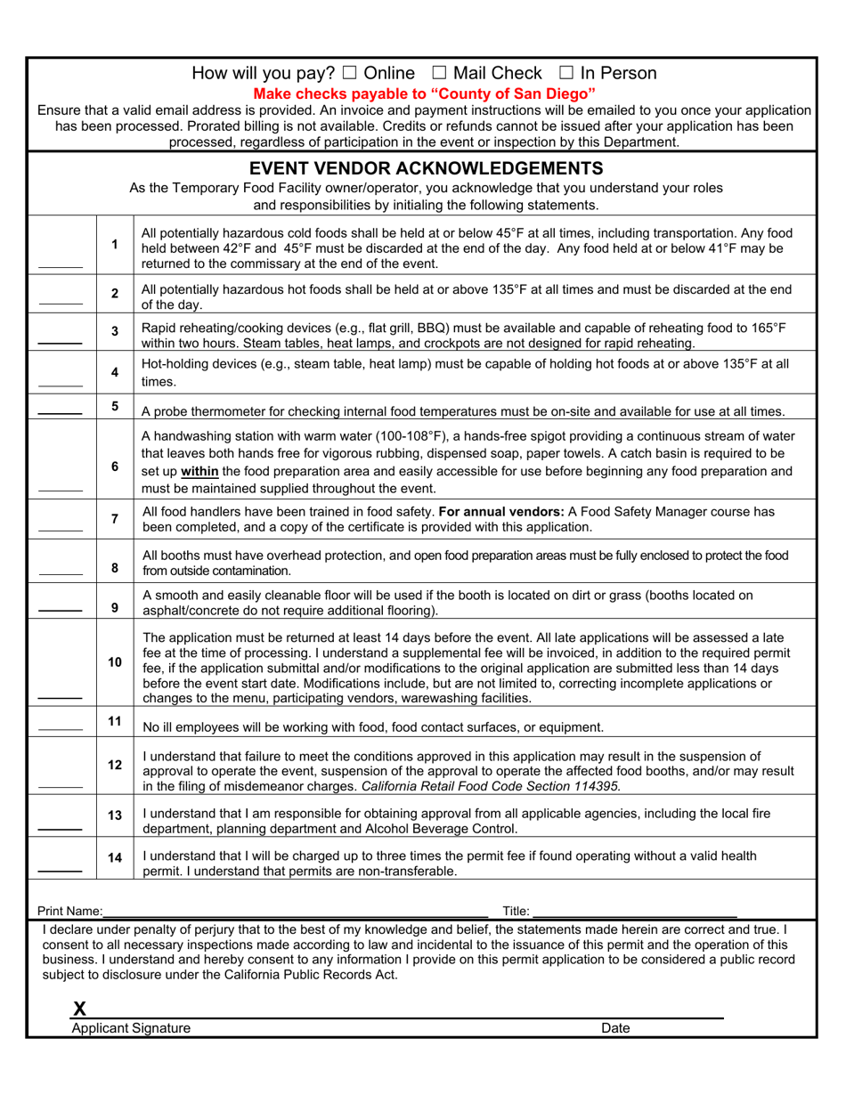 Form DEH:FH-632 Temporary Food Facility Vendor Permit Application - County of San Diego, California, Page 6