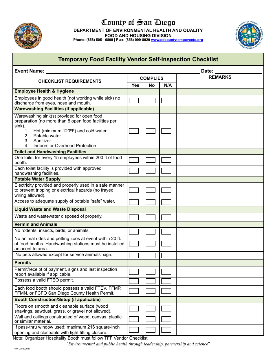 Temporary Food Facility Organizer Self-inspection Checklist - County of San Diego, California (English / Arabic), Page 1