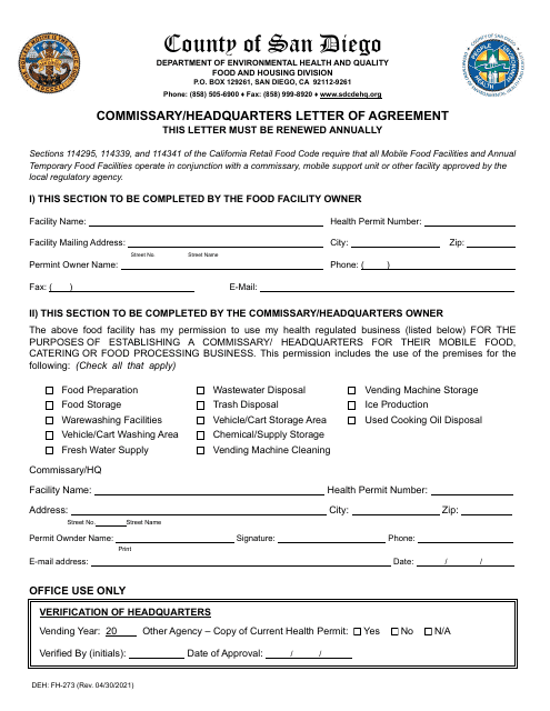 Form DEH:FH-273 Commissary/Headquarters Letter of Agreement - County of San Diego, California (English/Arabic)