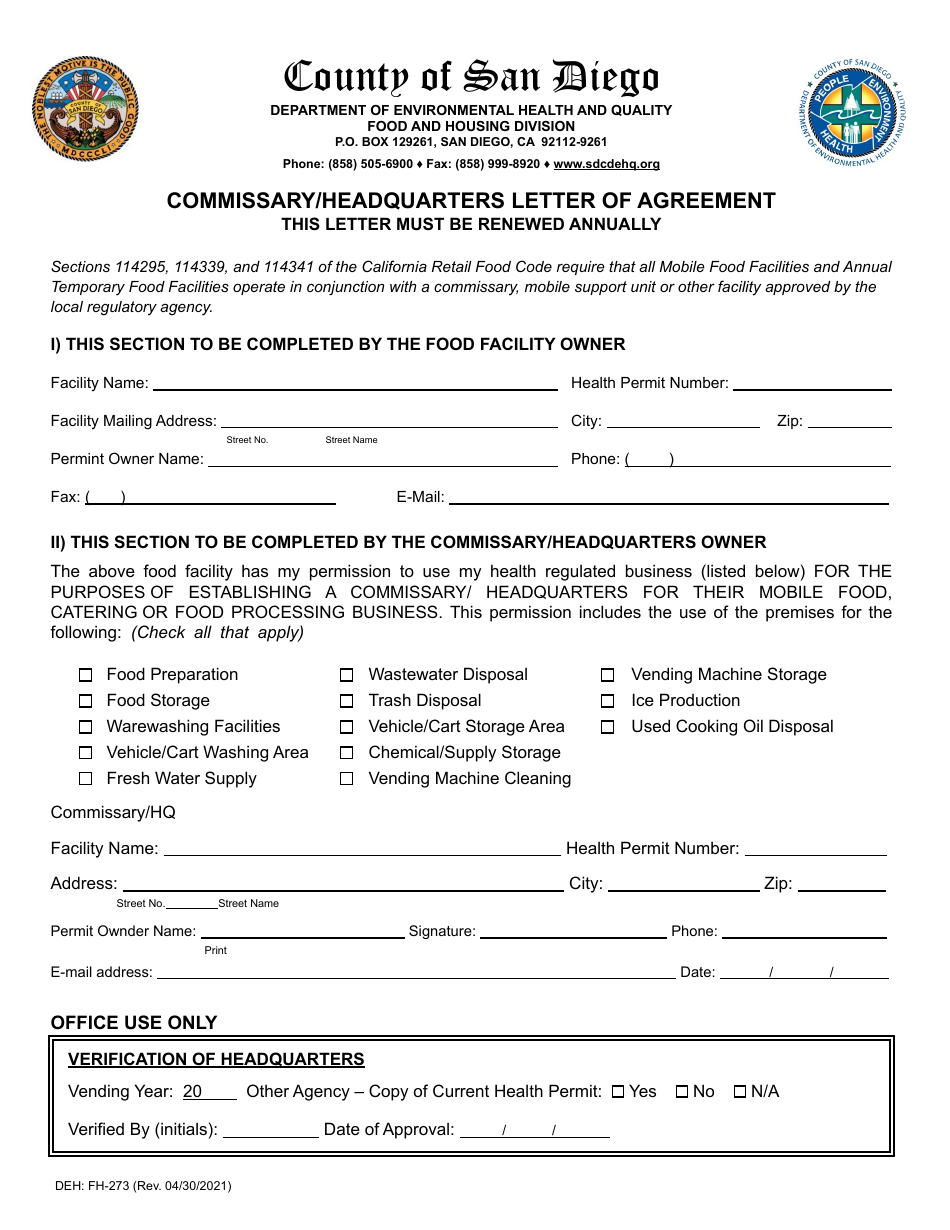 Form DEH:FH-273 Commissary / Headquarters Letter of Agreement - County of San Diego, California (English / Arabic), Page 1