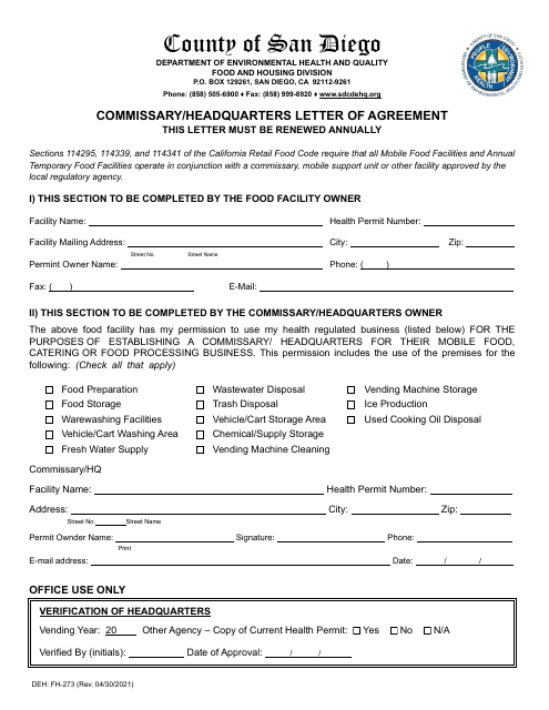 Form DEH:FH-273 Commissary/Headquarters Letter of Agreement - County of San Diego, California (English/Tagalog)