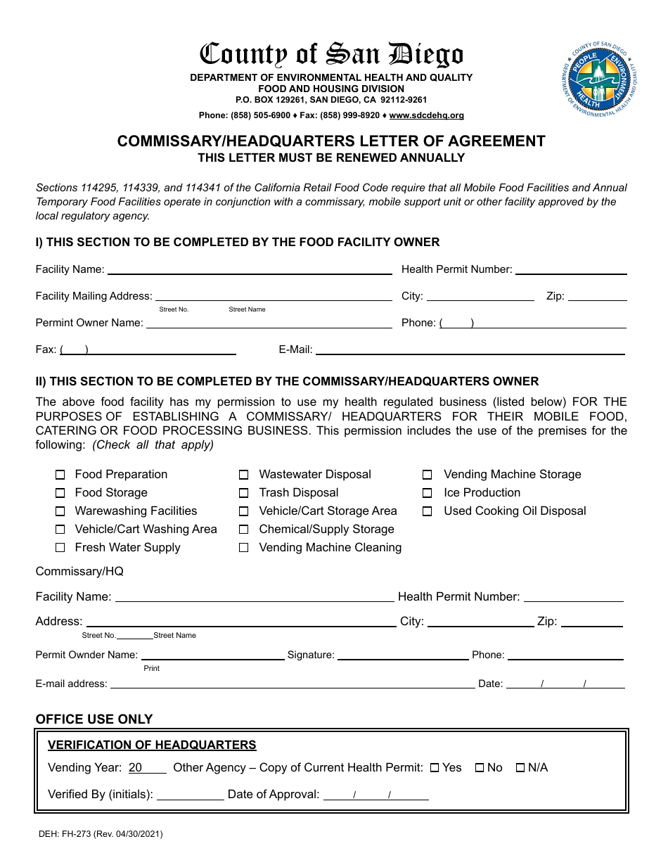 Form DEH:FH-273 Commissary / Headquarters Letter of Agreement - County of San Diego, California (English / Tagalog), Page 1