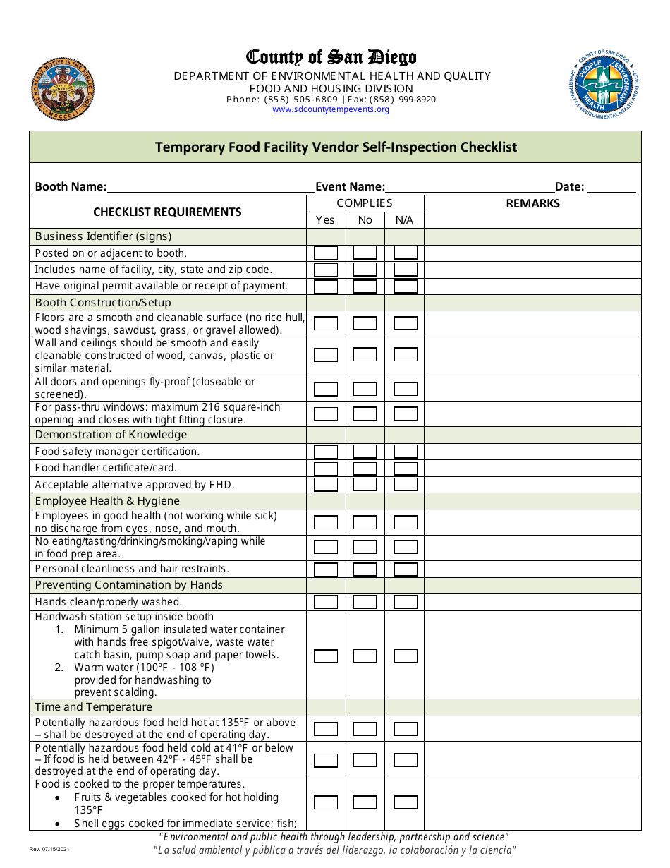Temporary Food Facility Vendor Self-inspection Checklist - County of San Diego, California, Page 1