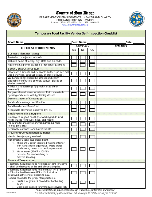 Temporary Food Facility Vendor Self-inspection Checklist - County of San Diego, California Download Pdf