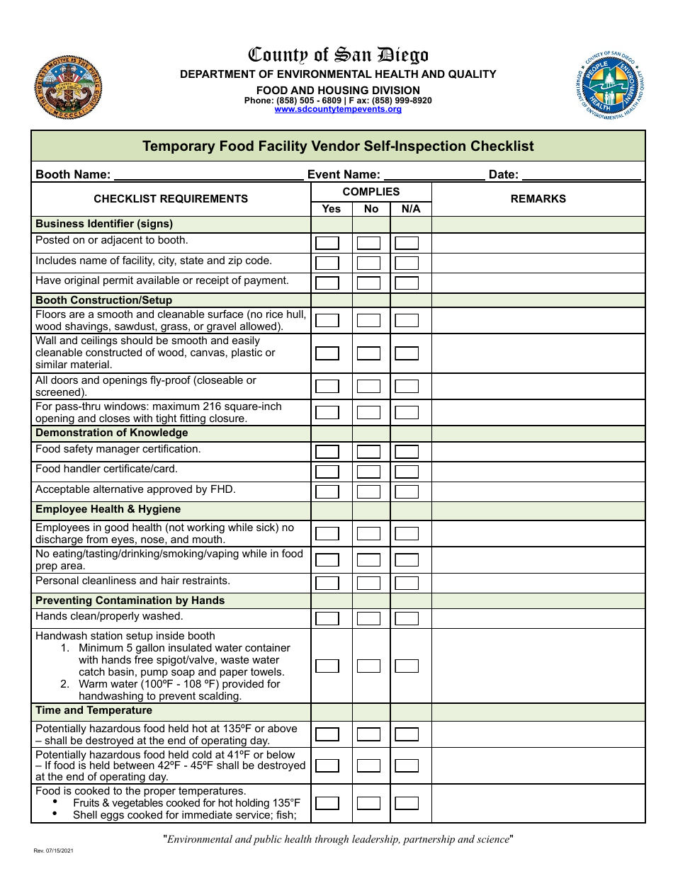Temporary Food Facility Vendor Self-inspection Checklist - County of San Diego, California (English / Arabic), Page 1
