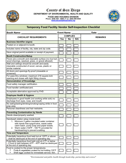 Temporary Food Facility Vendor Self-inspection Checklist - County of San Diego, California (English / Arabic) Download Pdf