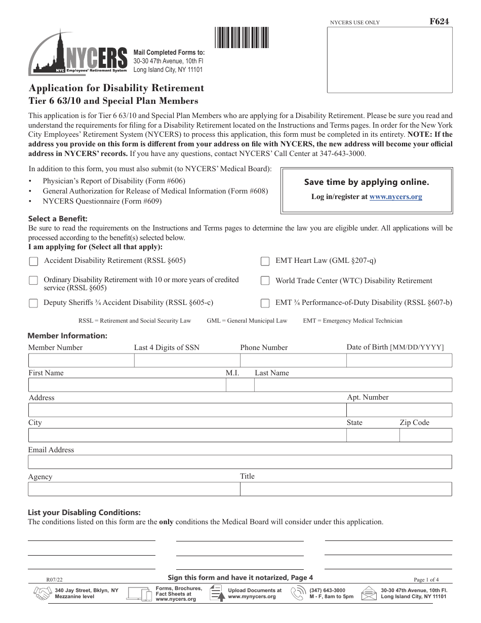 Form F624 Application for Disability Retirement - Tier 6 63 / 10 and Special Plan Members - New York City, Page 1