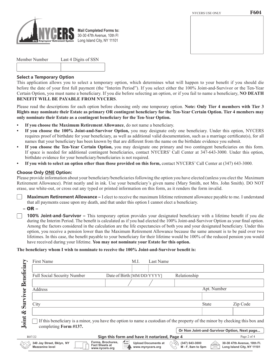 Form F604 Application for Disability Retirement Members of Tier 4, and Tier 4 With Tier 3 Rights - New York City, Page 2