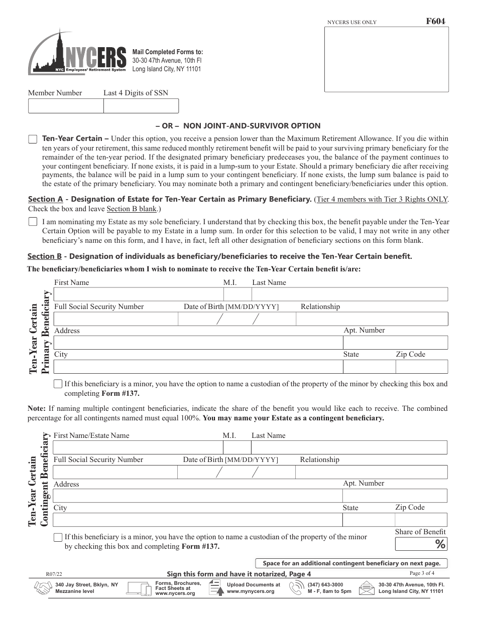 Form F604 Application for Disability Retirement Members of Tier 4, and Tier 4 With Tier 3 Rights - New York City, Page 3