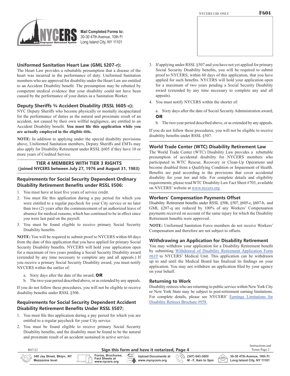 Form F604 Application for Disability Retirement Members of Tier 4, and Tier 4 With Tier 3 Rights - New York City, Page 6
