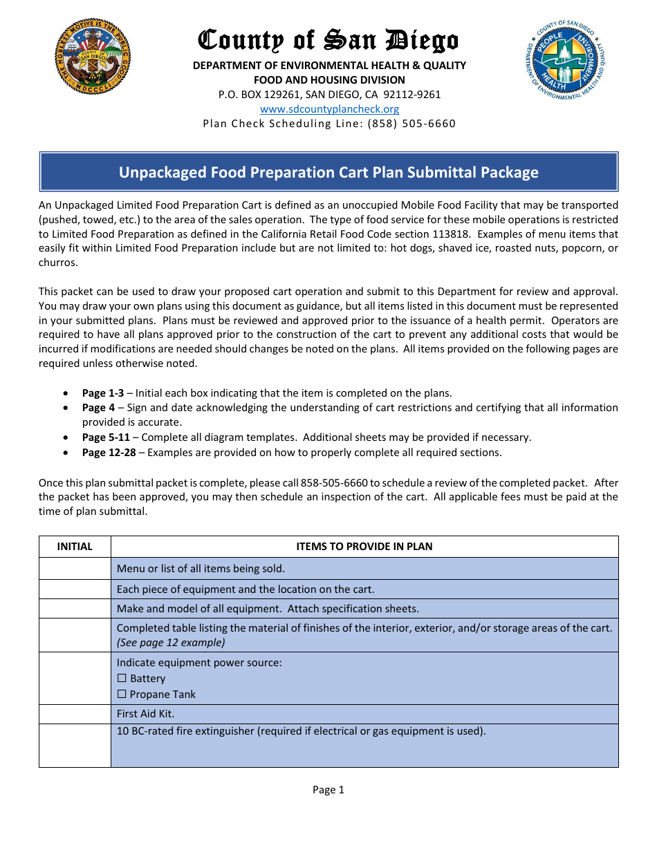 Unpackaged Food Preparation Cart Plan Submittal Package - County of San Diego, California, Page 1