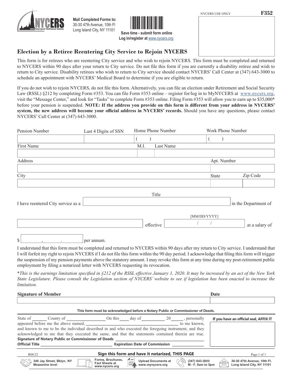 Form F352 Election by a Retiree Reentering City Service to Rejoin Nycers - New York City, Page 1