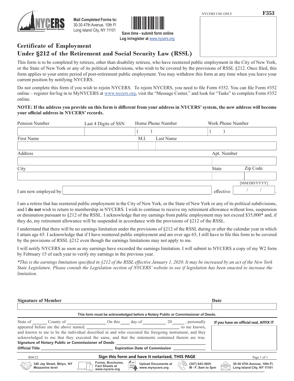 Form F353 Certificate of Employment Under 212 of the Retirement and Social Security Law (Rssl) - New York City, Page 1