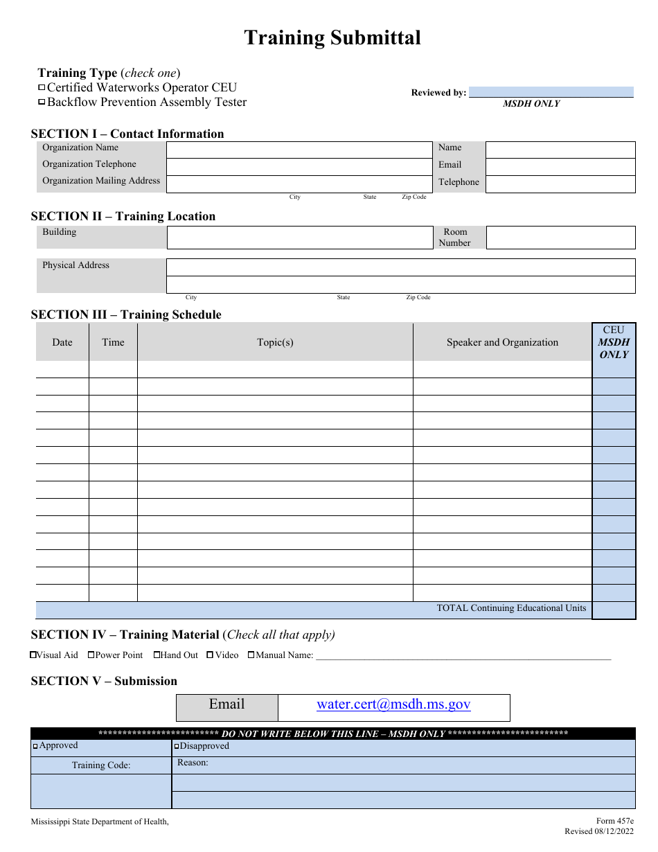 Form 457E Download Fillable PDF or Fill Online Training Submittal ...