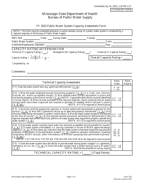 Form 1261 Public Water System Capacity Assessment Form - Mississippi, 2023