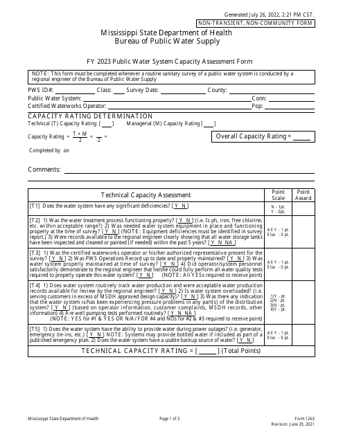 Form 1263 Public Water System Capacity Assessment Form for Non-transient Non-community Systems - Mississippi, 2023