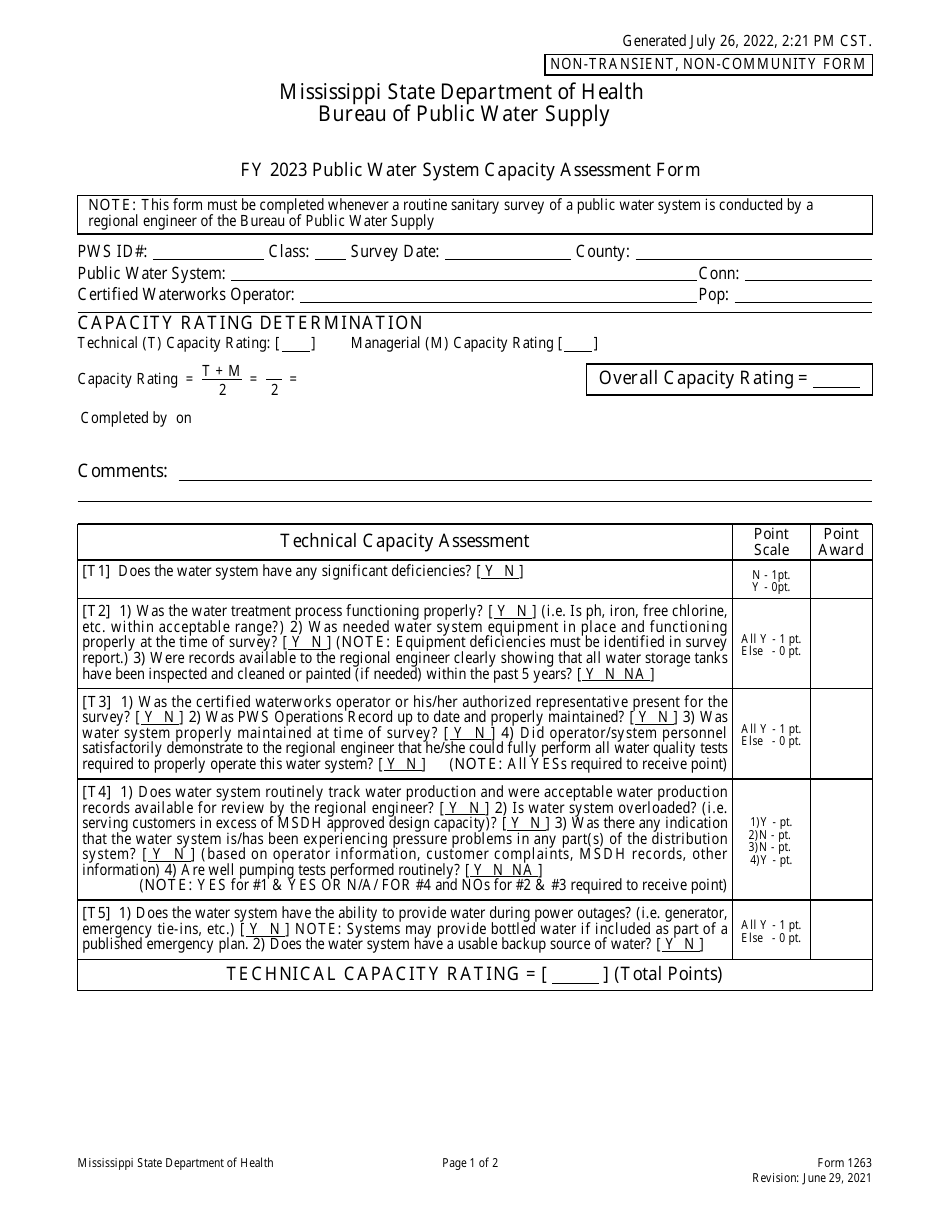 Form 1263 Public Water System Capacity Assessment Form for Non-transient Non-community Systems - Mississippi, Page 1