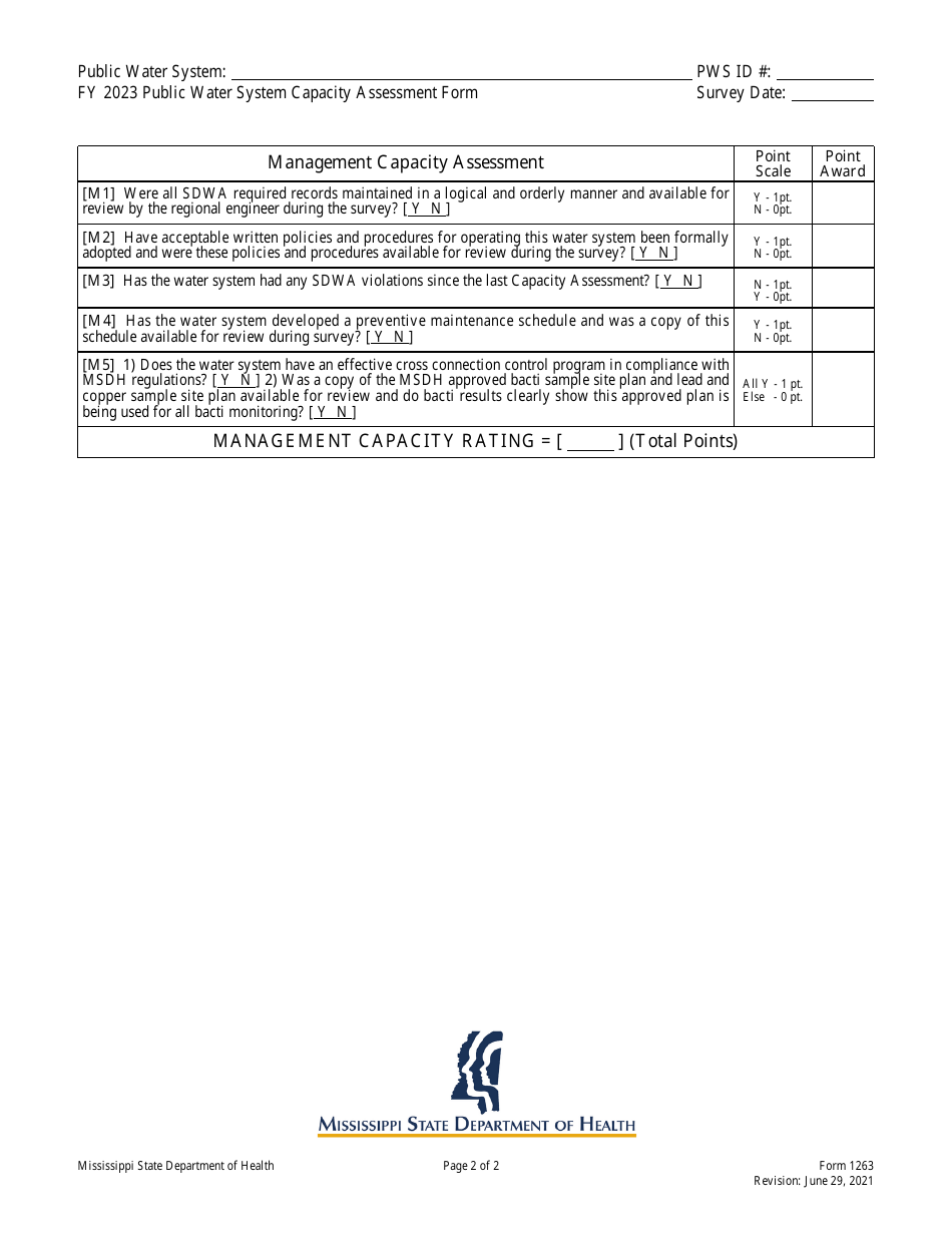 Form 1263 Public Water System Capacity Assessment Form for Non-transient Non-community Systems - Mississippi, Page 2
