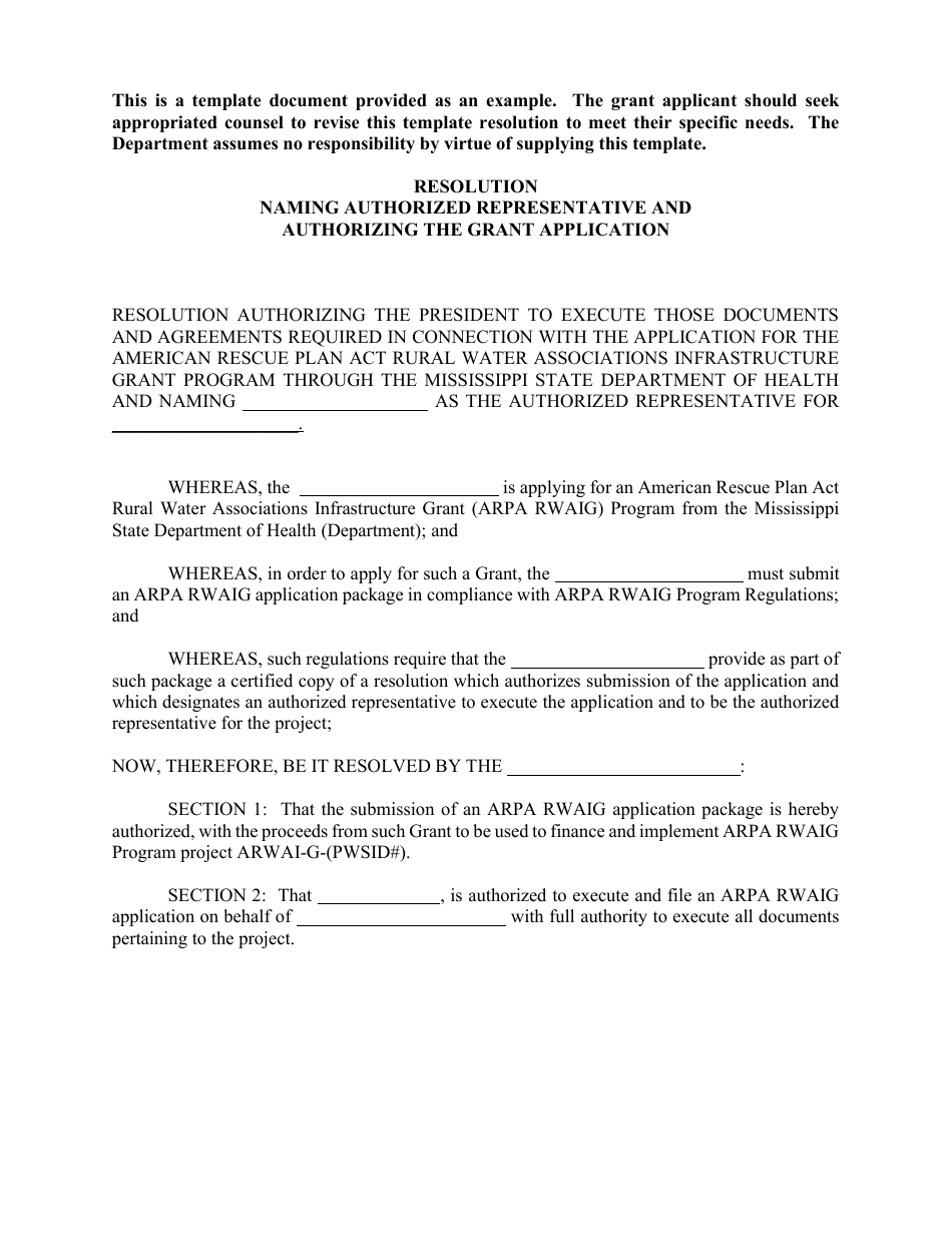 Attachment D Resolution Naming Authorized Representative and Authorizing the Grant Application - Arpa Rural Water Associations Infrastructure Grant Program - Mississippi, Page 1