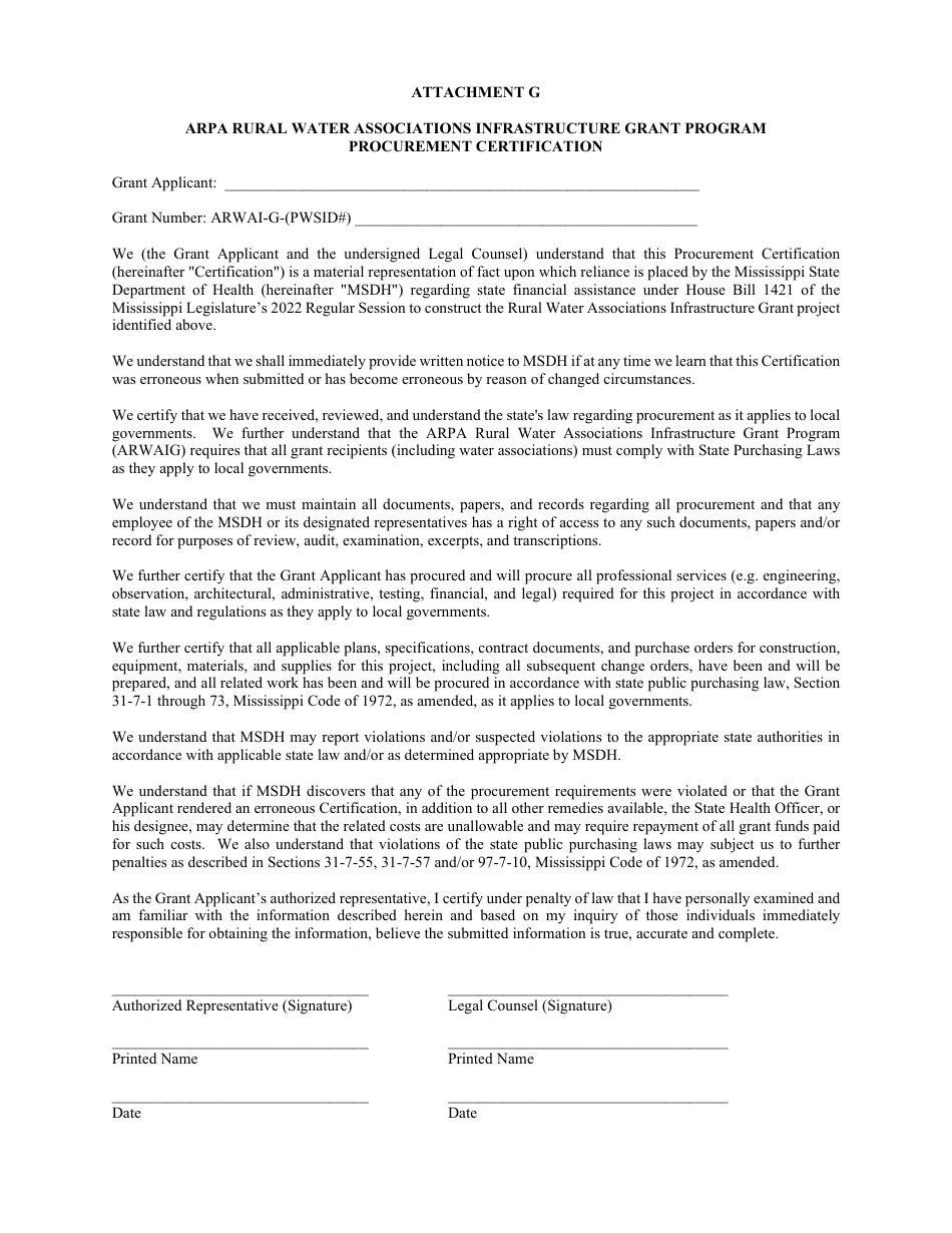 Attachment G Procurement Certification - Arpa Rural Water Associations Infrastructure Grant Program - Mississippi, Page 1