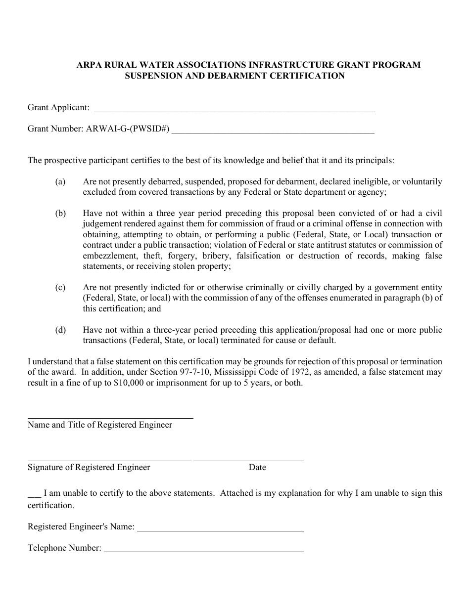 Attachment H Suspension and Debarment Certification - Arpa Rural Water Associations Infrastructure Grant Program - Mississippi, Page 2