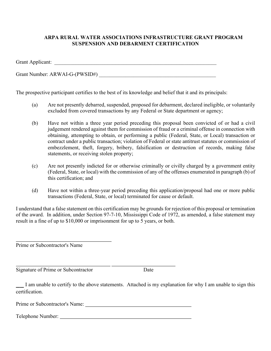 Attachment H Suspension and Debarment Certification - Arpa Rural Water Associations Infrastructure Grant Program - Mississippi, Page 3