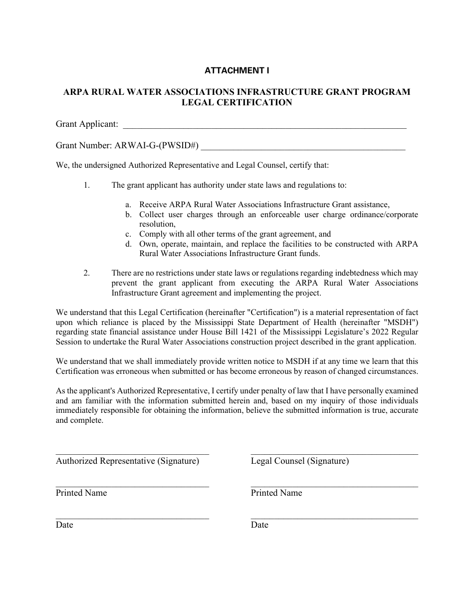 Attachment I Legal Certification - Arpa Rural Water Associations Infrastructure Grant Program - Mississippi, Page 1