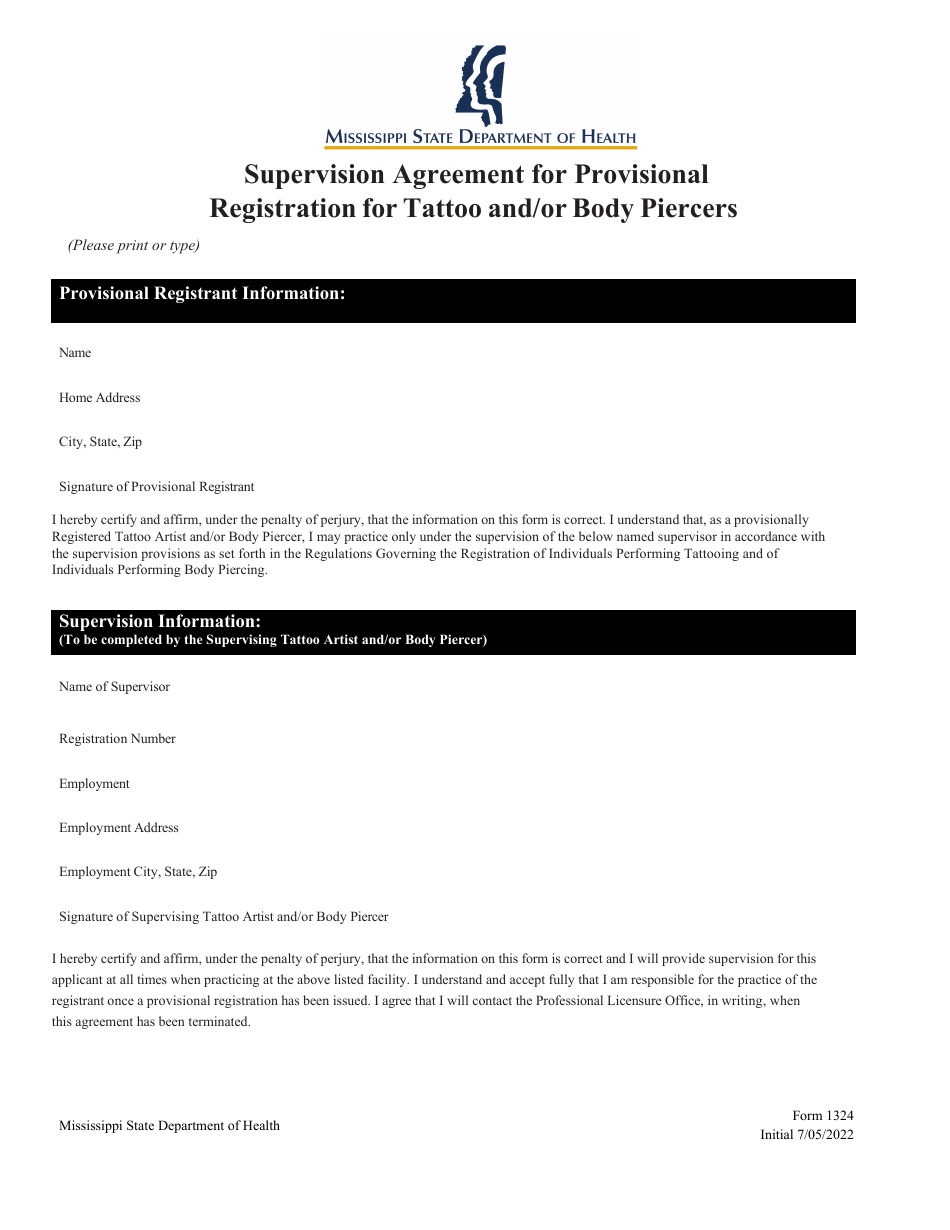 Form 1324 Supervision Agreement for Provisional Registration for Tattoo and / or Body Piercers - Mississippi, Page 1