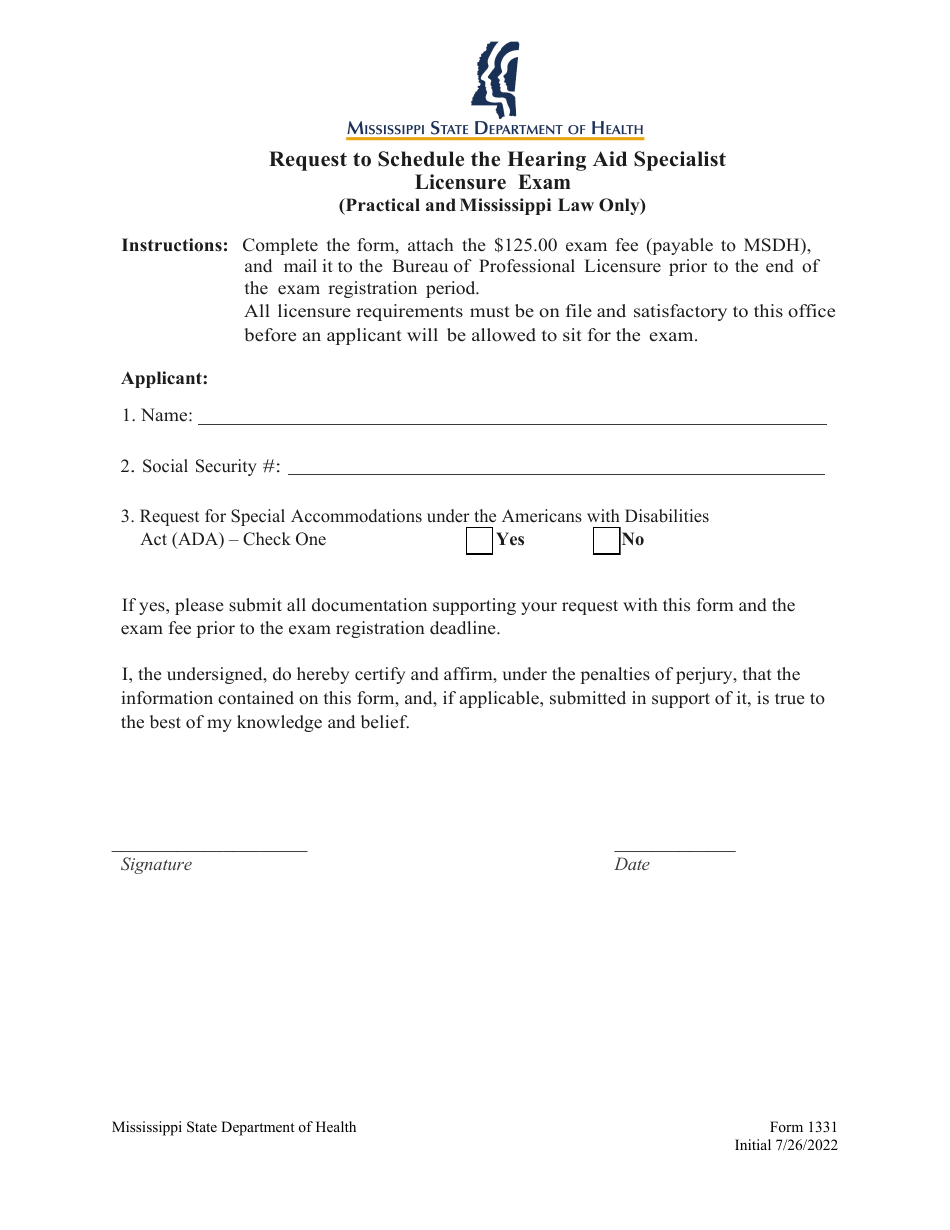 Form 1331 Request to Schedule the Hearing Aid Specialist Licensure Exam (Practical and Mississippi Law Only) - Mississippi, Page 1