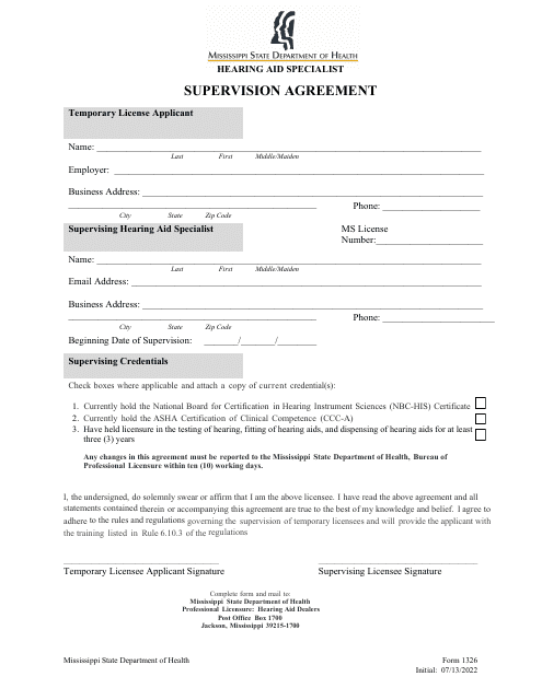 Form 1326 Hearing Aid Specialist Supervision Agreement - Mississippi