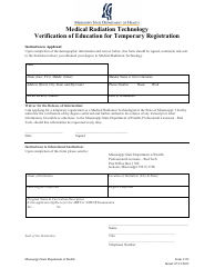 Document preview: Form 1312 Medical Radiation Technology Verification of Education for Temporary Registration - Mississippi