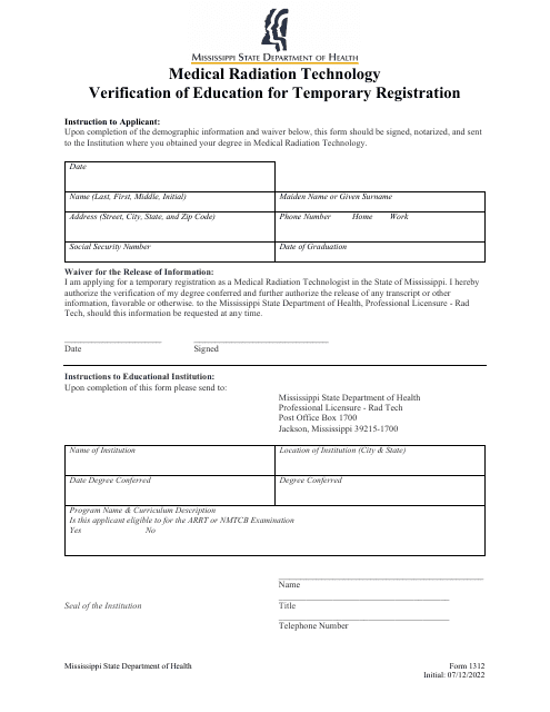 Form 1312 Medical Radiation Technology Verification of Education for Temporary Registration - Mississippi