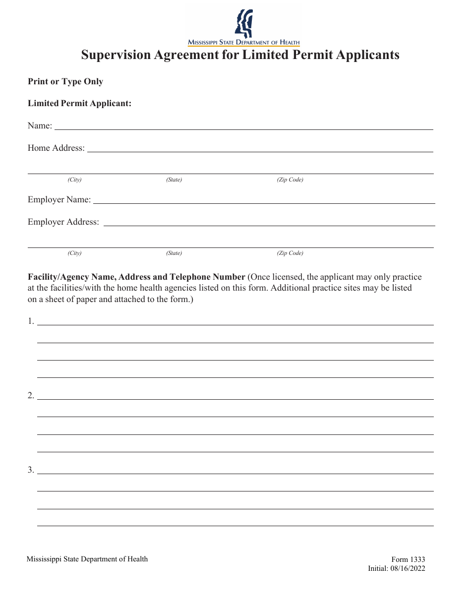 Form 1333 Supervision Agreement for Limited Permit Applicants - Mississippi, Page 1