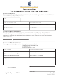 Document preview: Form 1310 Respiratory Care Verification of Professional Education for Licensure - Mississippi